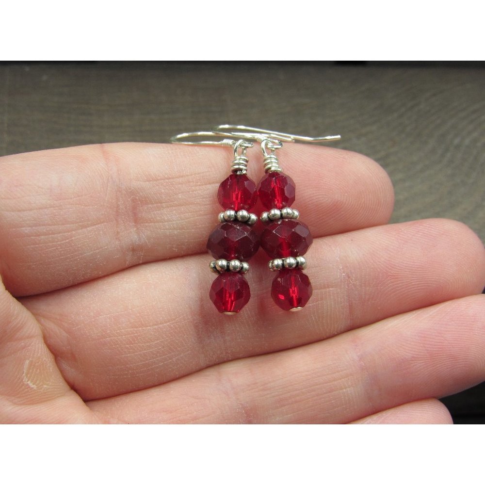 Sterling Silver Triple Deep Faceted Red Crystal Earrings Vintage Wedding